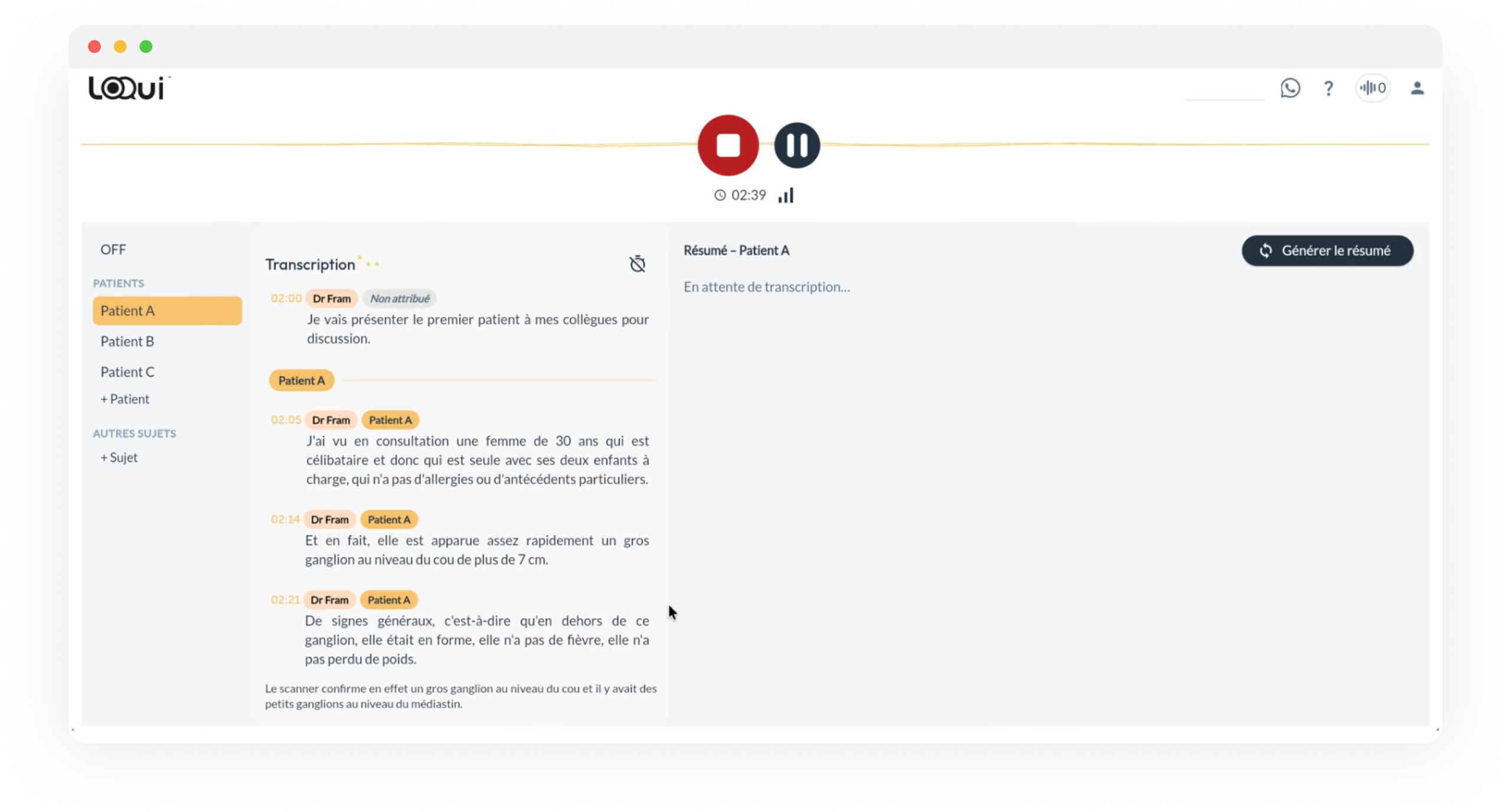 transcription de réunion générer avec Loquii